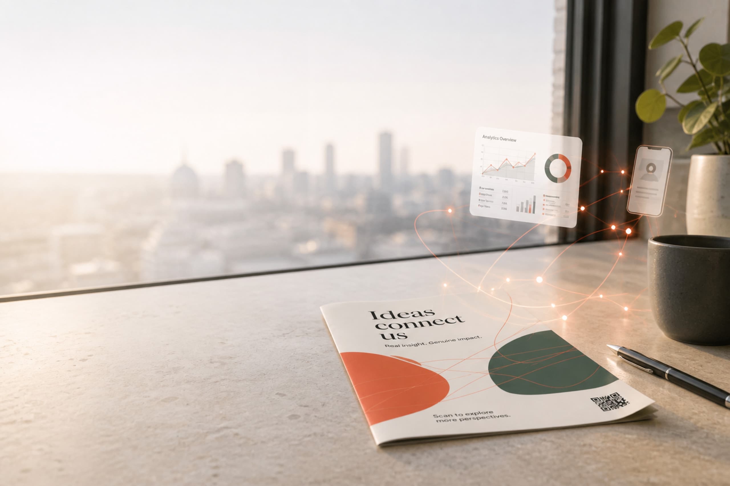 A marketing leaflet on a desk generating connections, charts, and campaign insight